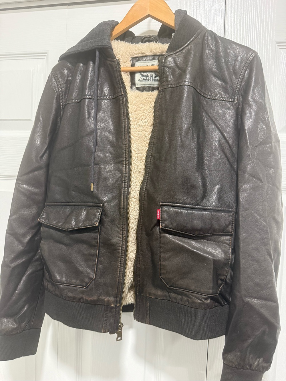Levi's Dark Brown Leather Bomber Jacket with Cream Sherpa Lining